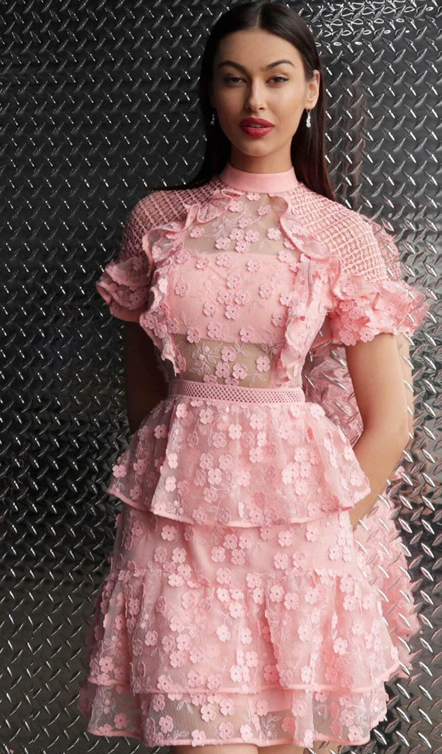 Jovani - M61446 Floral Applique Layered A-line Cocktail Dress 5 Jovani - M61446 Floral Applique Layered A-line Cocktail Dress