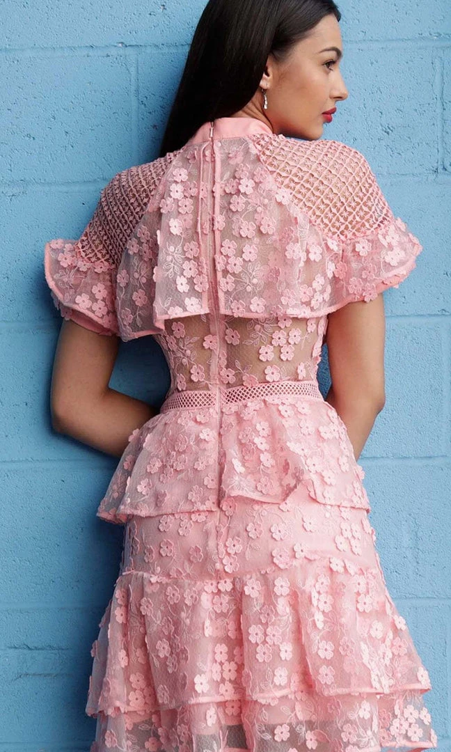 Jovani - M61446 Floral Applique Layered A-line Cocktail Dress 8 Jovani - M61446 Floral Applique Layered A-line Cocktail Dress