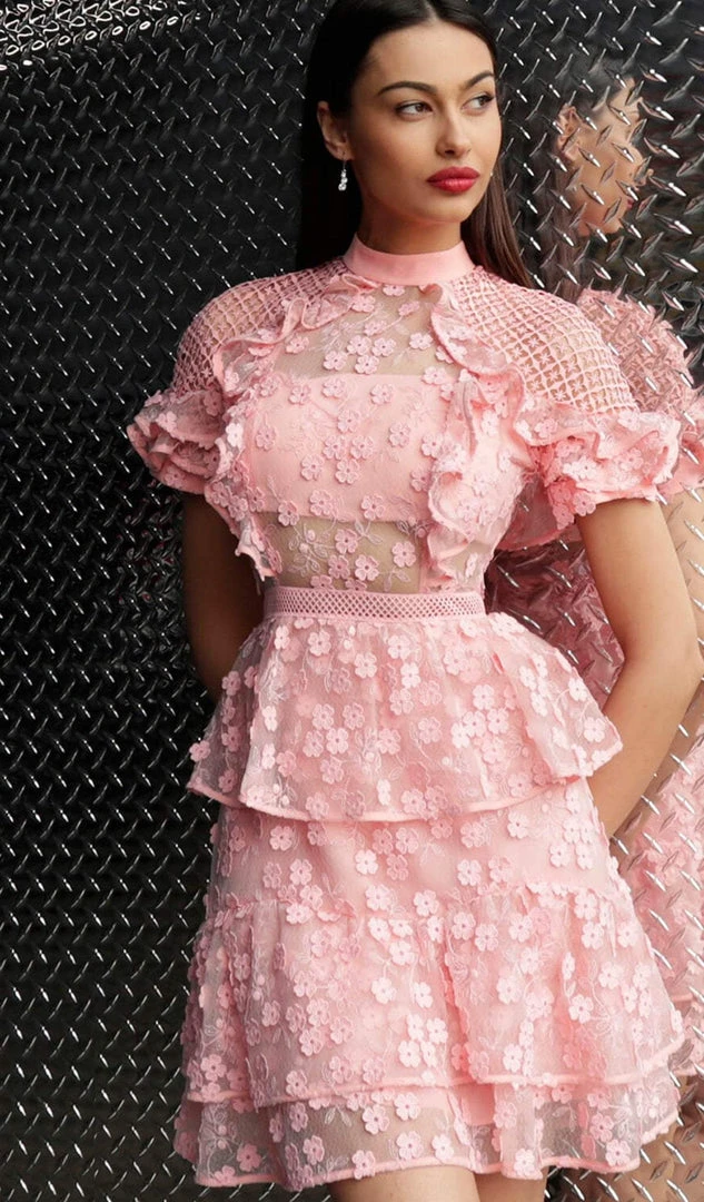 Jovani - M61446 Floral Applique Layered A-line Cocktail Dress 6 Jovani - M61446 Floral Applique Layered A-line Cocktail Dress