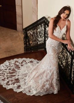Lo'Adoro Bridal By Rachel Allan - M755 Plunging V Neck Lace Tule Gown