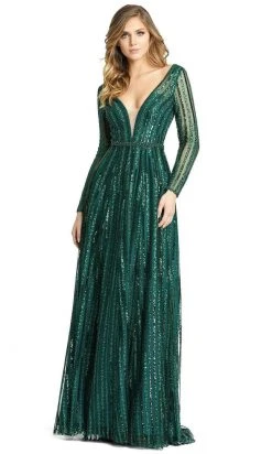 Mac Duggal - 11184 Illusion Long Sleeve V-Neck Embellished A-Line Gown
