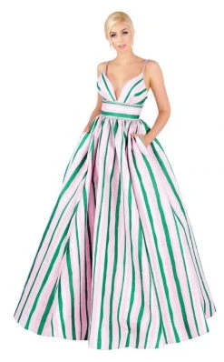 Mac Duggal Ballgowns - 40899H Stripe-Print Plunging Empire Ballgown