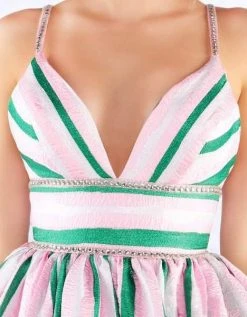 Mac Duggal Ballgowns - 40899H Stripe-Print Plunging Empire Ballgown