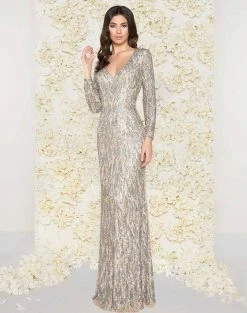 Mac Duggal - Beaded V-Neck Long Sleeves Sheath Gown 4578D - 1 Pc Midnight Blue In Size 16 Available