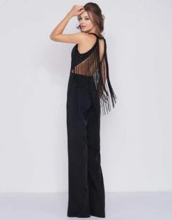 Mac Duggal Black White Red - 12168R Cascading Bead-Fringed Jumpsuit