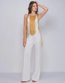 Mac Duggal Black White Red - 12168R Cascading Bead-Fringed Jumpsuit