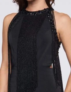 Mac Duggal Black White Red - 12168R Cascading Bead-Fringed Jumpsuit