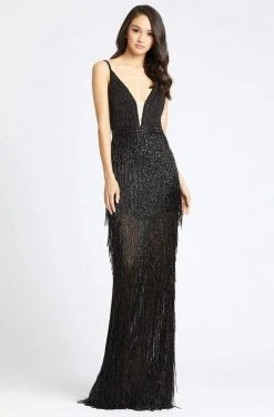 Mac Duggal Black White Red - 4738R Layered Fringe Deep V-neck Dress