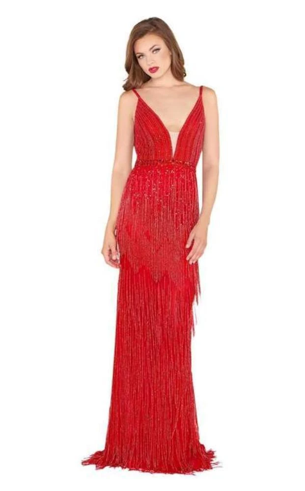 Mac Duggal Black White Red - 4738R Layered Fringe Deep V-neck Dress 8 Mac Duggal Black White Red - 4738R Layered Fringe Deep V-neck Dress