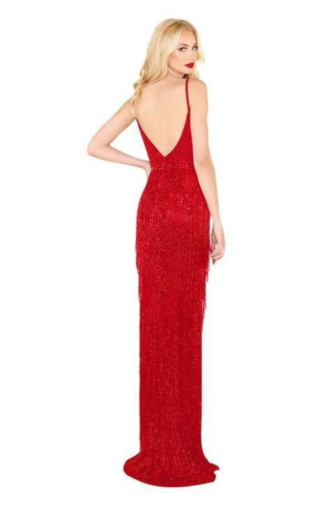 Mac Duggal Black White Red - 4738R Layered Fringe Deep V-neck Dress 9 Mac Duggal Black White Red - 4738R Layered Fringe Deep V-neck Dress