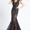 Mac Duggal Black White Red - 79230R Feathered Lace Mermaid Gown