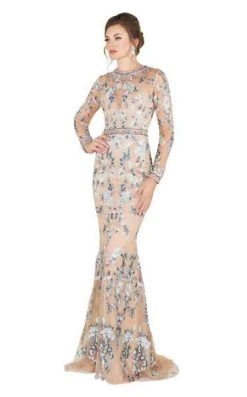 Mac Duggal - Floral Embroidered Long Sleeve Dress 79222D - 1 Pc Nude/Multi In Size 8 Available