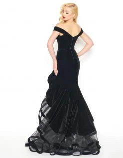 Mac Duggal - Off-Shoulder Ruffled Trumpet Gown 66586R - 2 Pcs Black In Size 6 And 16 Available