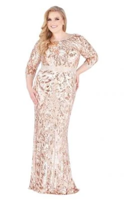 Mac Duggal - Quarter Sleeve Beaded Bateau Sheath Dress 4857F - 1 Pc Rose/Gold In Size 22W Available