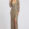 Mac Duggal - Sequined Plunging V-neck Trumpet Gown 5002D - 1 Pc Antique Gold In Size 2 Available 1 Mac Duggal - Sequined Plunging V-neck Trumpet Gown 5002D - 1 Pc Antique Gold In Size 2 Available