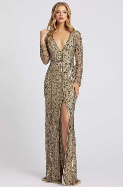 Mac Duggal - Sequined Plunging V-neck Trumpet Gown 5002D - 1 Pc Antique Gold In Size 2 Available