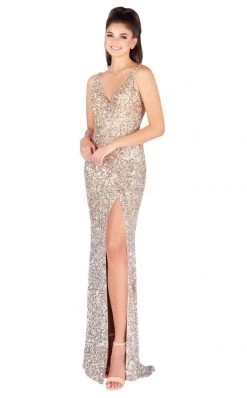 Mac Duggal - Sequined V-Neck High Slit Evening Gown 4834L - 1 Pc Gop In Size 10 Available