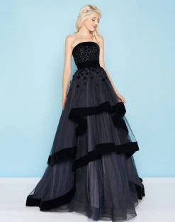 Mac Duggal - Velvet Trimmed Strapless Tiered Evening Gown 66346H