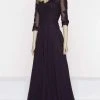 Marsoni By Colors - M237 V-Neck Beaded Lace Applique Chiffon Dress