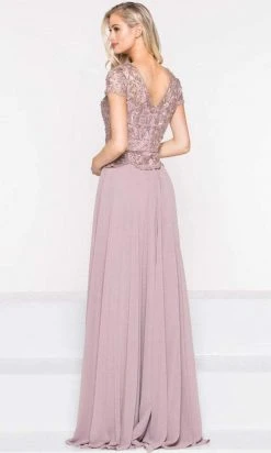 Marsoni By Colors - M243 Short Sleeve Embroidered Peplum Chiffon Gown