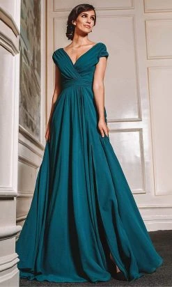 Marsoni By Colors - M251 Gathered V Neck Off Shoulder A-Line Gown