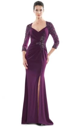Marsoni By Colors - MV1070 Beaded Sheer Sleeves V Neckline Slit Gown