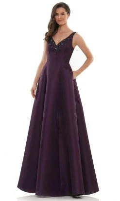 Marsoni By Colors - MV1139 Flower Beaded V Neck A-line Gown