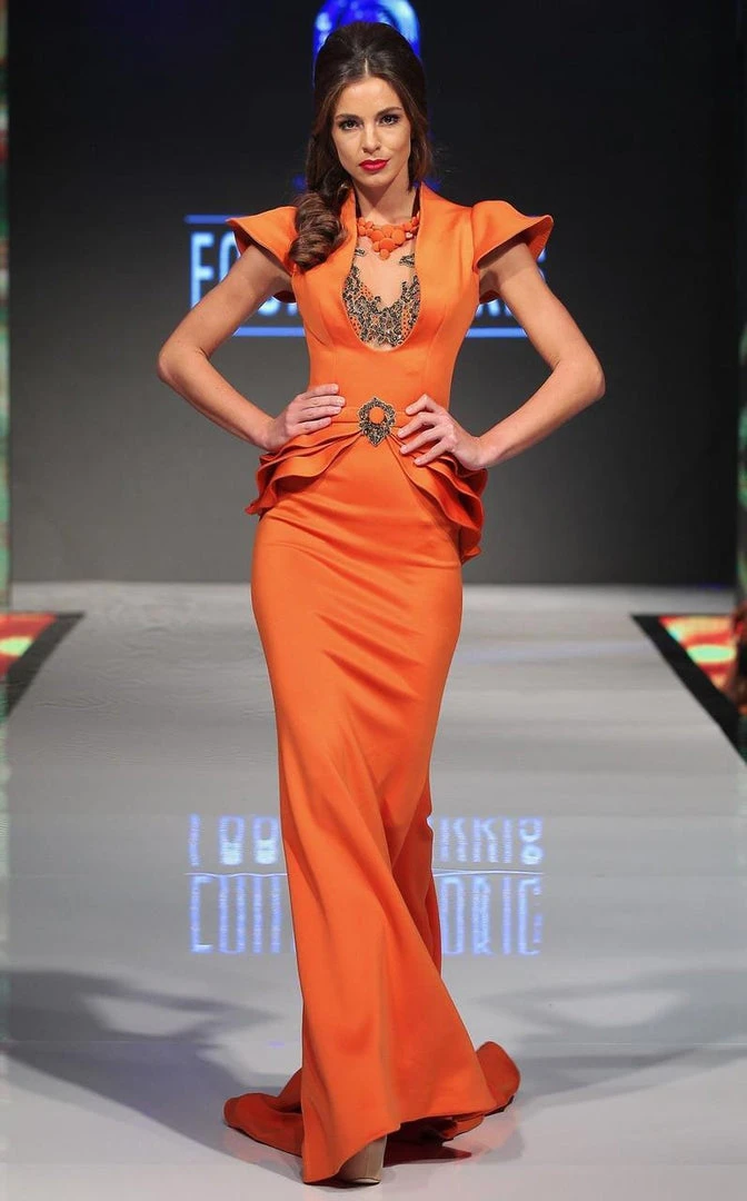 MNM Couture - 2295 Bell Cap Sleeve Peplum Sheath Gown 6 MNM Couture - 2295 Bell Cap Sleeve Peplum Sheath Gown