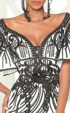 MNM COUTURE - 2529 Embroidered Wide V-neckline Mermaid Dress