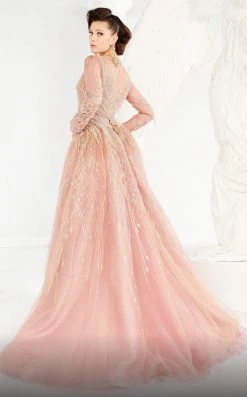 MNM COUTURE - 2559 Long Sleeve Beaded Illusion Overskirt Gown