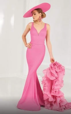 MNM COUTURE - 2575 Deep V-neck Trumpet Dress With Ruffled Shawl 7 MNM COUTURE - 2575 Deep V-neck Trumpet Dress With Ruffled Shawl