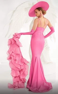 MNM COUTURE - 2575 Deep V-neck Trumpet Dress With Ruffled Shawl