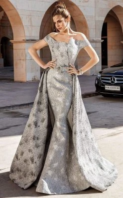 MNM COUTURE - F00590 Metallic Mermaid Overskirt Long Gown