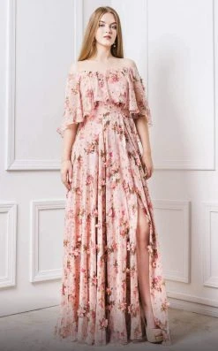 MNM COUTURE - F4468 Ruffle Flounce 3D Floral A-Line Dress With Capelet