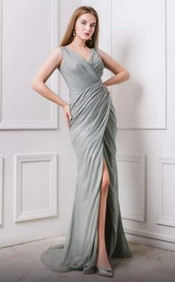 MNM COUTURE - F6265 V-neck Wrapped Trumpet Dress With Slit