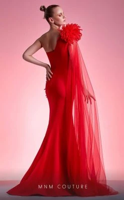 MNM COUTURE - G1211 Asymmetrical Fringed High Slit Mermaid Gown