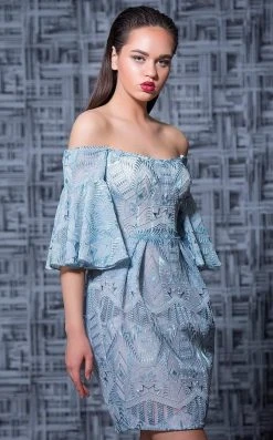 MNM Couture - K3588 Embroidered Off-Shoulder Bell Sleeve Sheath Dress