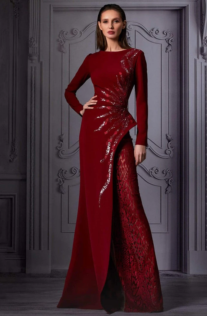 MNM COUTURE - K3850 Sequin Embellished Long Sleeves Gown 3 MNM COUTURE - K3850 Sequin Embellished Long Sleeves Gown