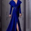 MNM COUTURE - K3852 Pleated Long Sleeves Dress With Slit