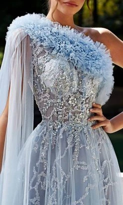 MNM Couture K3924 - Asymmetrical Lace Ruffled Neckline