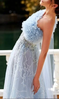 MNM Couture K3924 - Asymmetrical Lace Ruffled Neckline