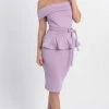 MNM COUTURE - L0003 Folded Off Shoulder Peplum Sheath Dress