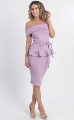 MNM COUTURE - L0003 Folded Off Shoulder Peplum Sheath Dress