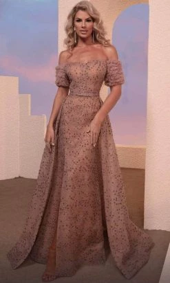 MNM COUTURE M0100 - Off Shoulder Overskirt Evening Dress