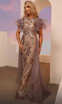 MNM COUTURE M0101 - Ruffled Short Sleeve Jewel Neck Evening Gown