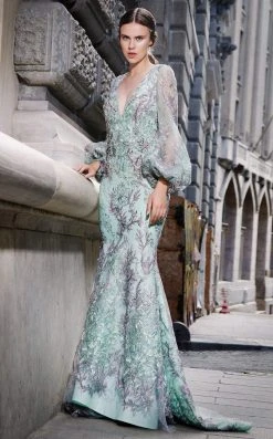 MNM COUTURE - N0309 Embellished Deep V-neck Trumpet Dress