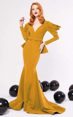 MNM COUTURE - N0315 Cowl Ornate Cutout Long Sleeve Mermaid Gown