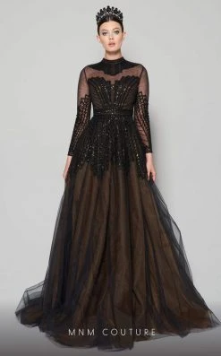 MNM Couture - N0353 Beaded Illusion High Neckline Evening Gown