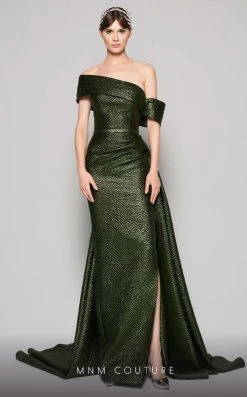 MNM Couture - N0356 Asymmetric Off-Shoulder Drape Train Evening Gown