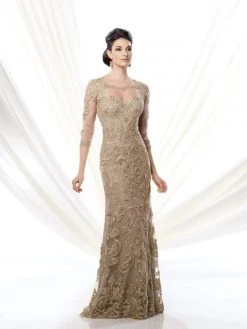 Mon Cheri - 214D61 Quarter Sleeve Lace Illusion Evening Gown